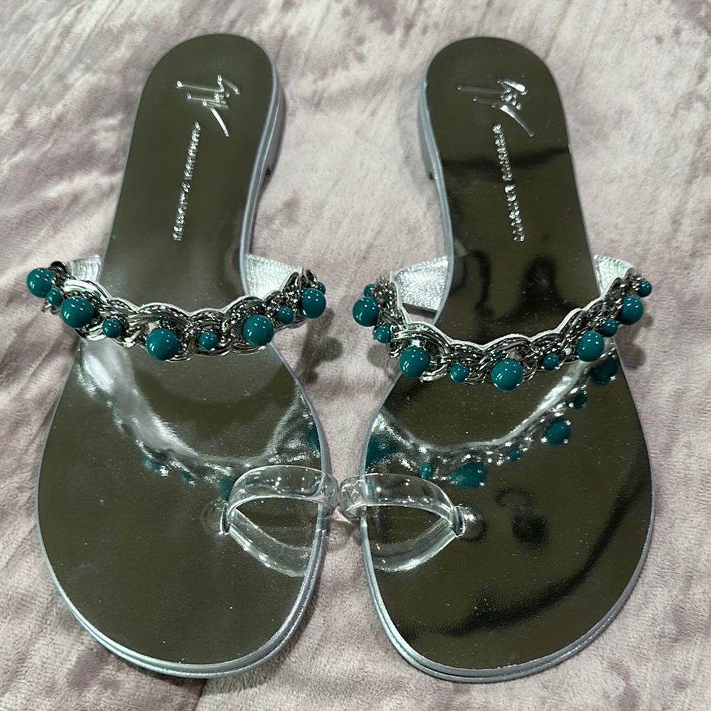 Giuseppe Zanotti Silver and Green Sandals with Beaded Straps